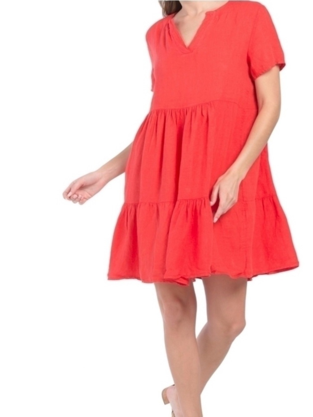 Francesca Bettini Linen Dress Small Coral Tiered Short Sleeve Boho Summer Casual